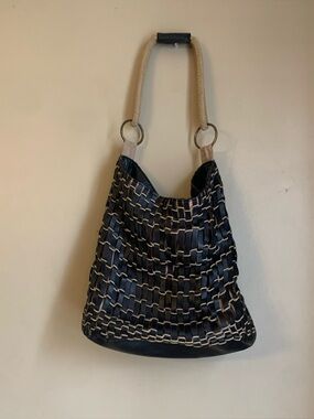 Chico's Leather Canvas Woven Tote Bag Purse Rope Handle Bohemian Festival
